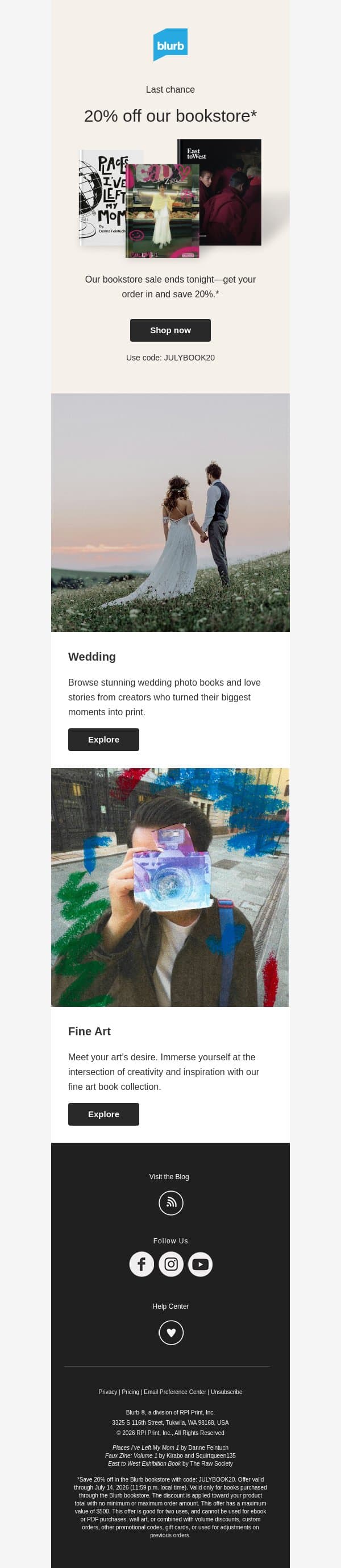 20% off our bookstore ends tonight! email from Blurb screenshot