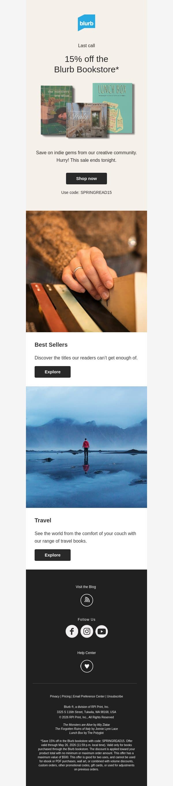 Don’t wait: 15% off ends tonight email from Blurb screenshot