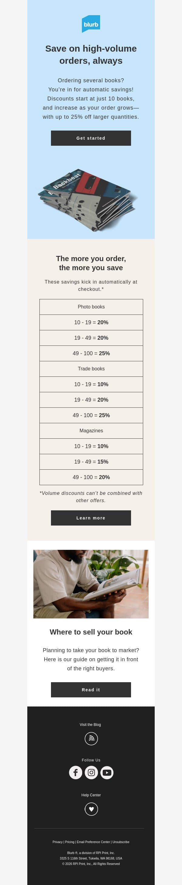 Bigger orders, bigger savings email from Blurb screenshot
