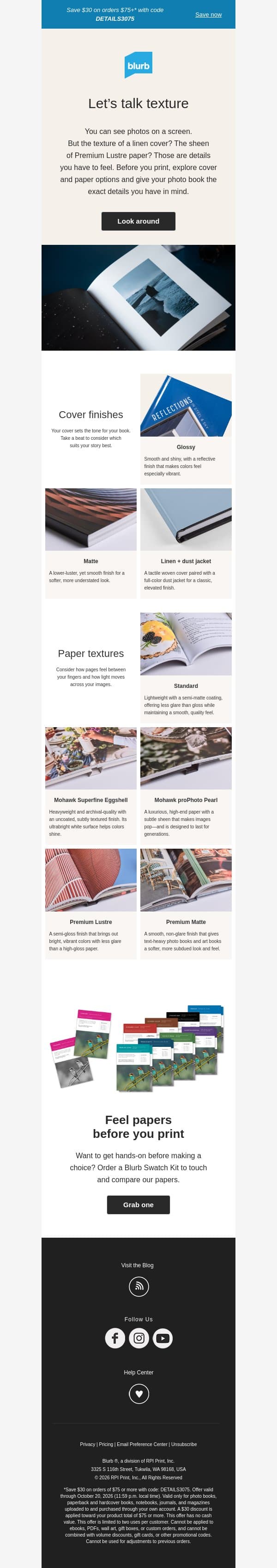 Glossy, matte, linen—what’s your texture? email from Blurb screenshot