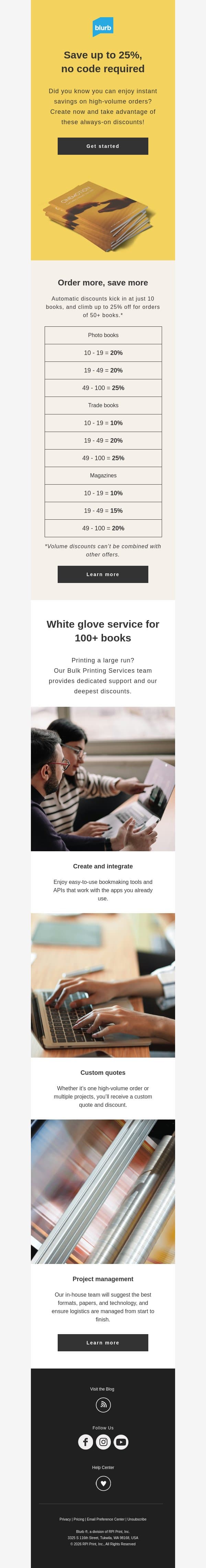 Save up to 25% on large orders, always email from Blurb screenshot
