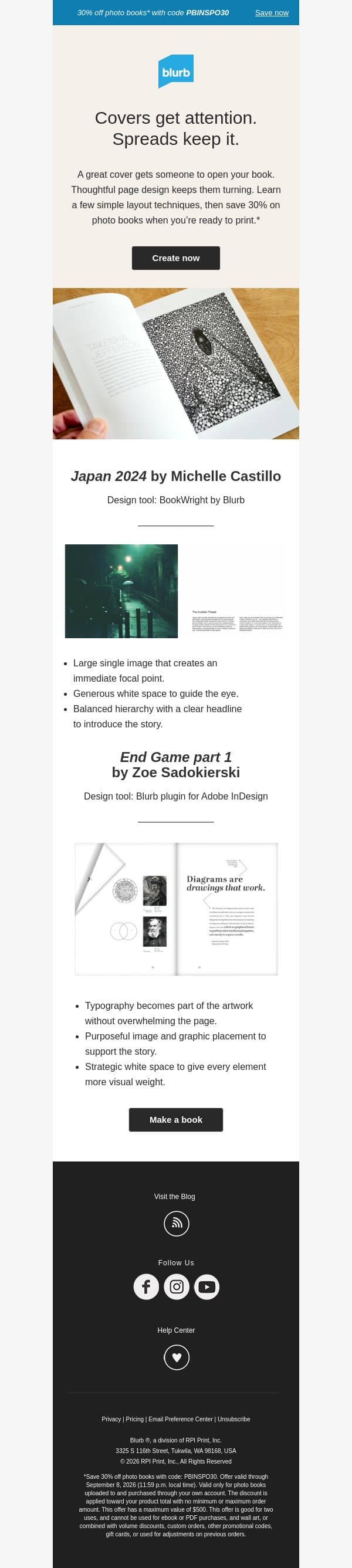 What makes someone keep turning the page? email from Blurb screenshot
