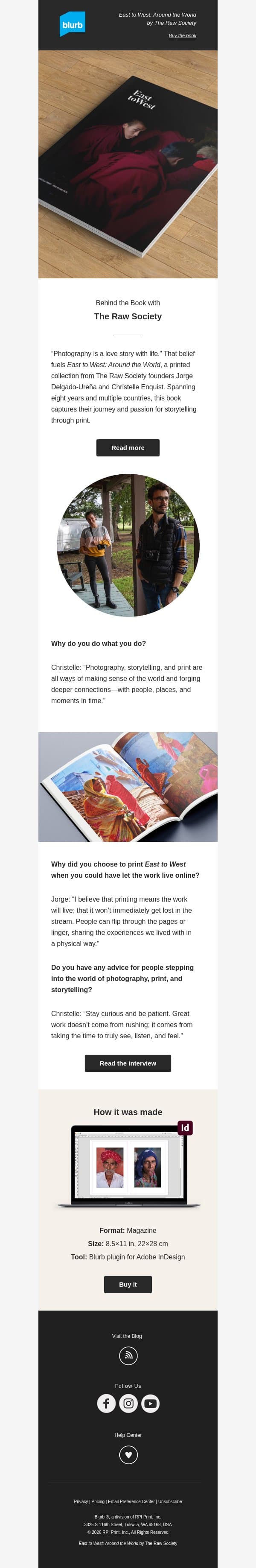 Turning 8 years of travel photos into print email from Blurb screenshot