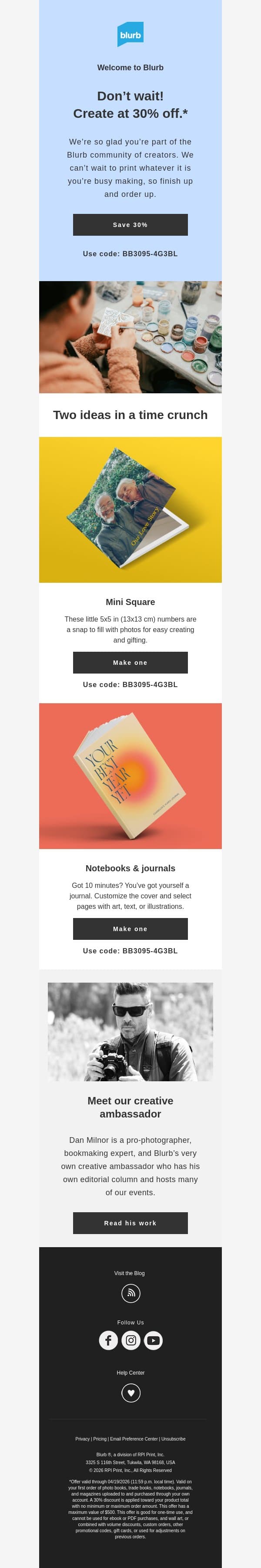 Last chance for your 30% off welcome deal email from Blurb screenshot