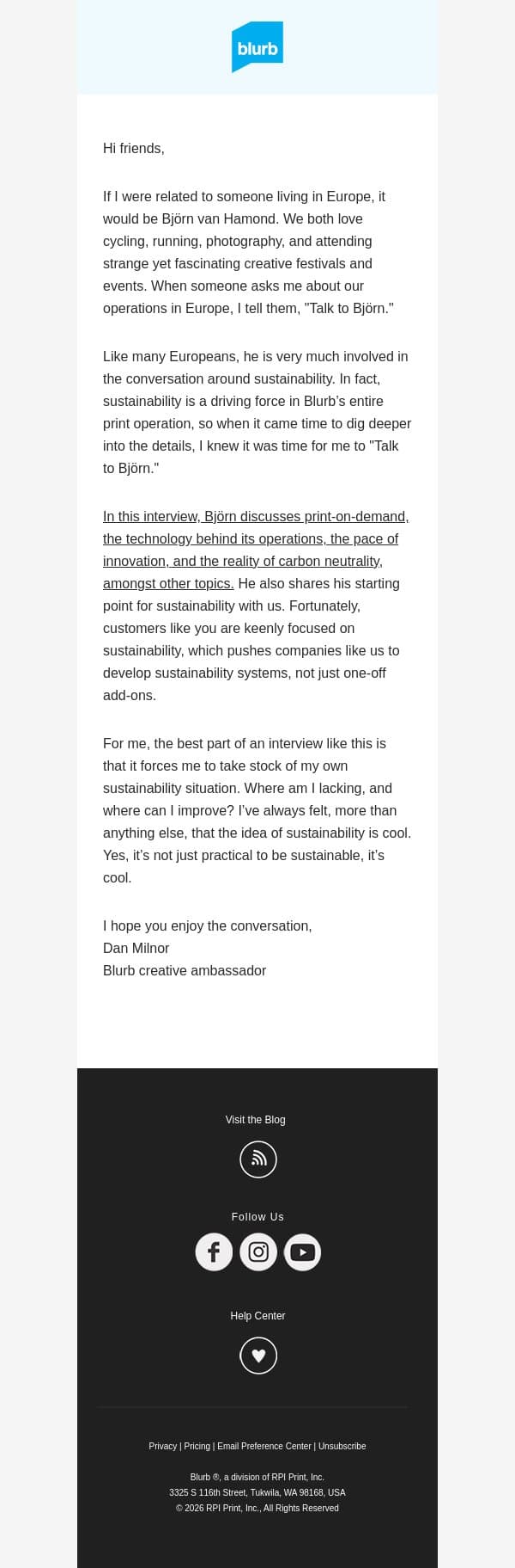 Sustainability and print-on-demand: A chat email from Blurb screenshot