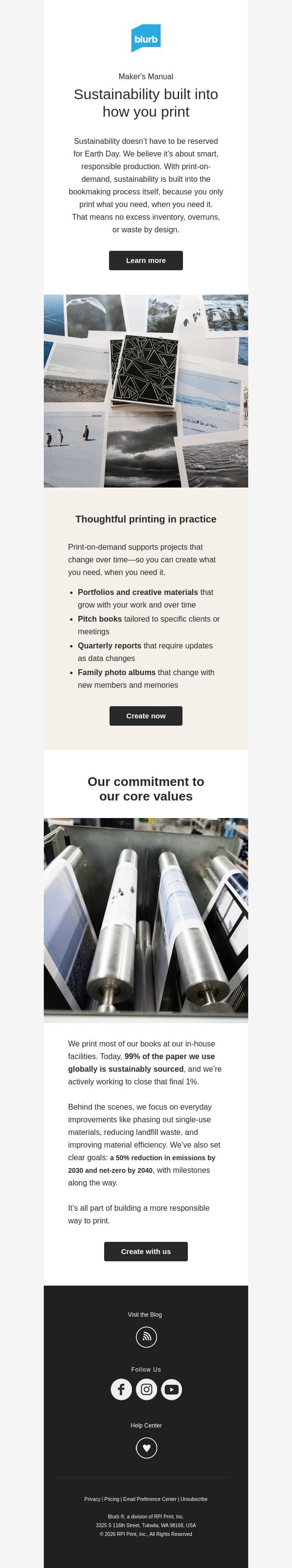 Reducing waste through smarter printing email from Blurb screenshot