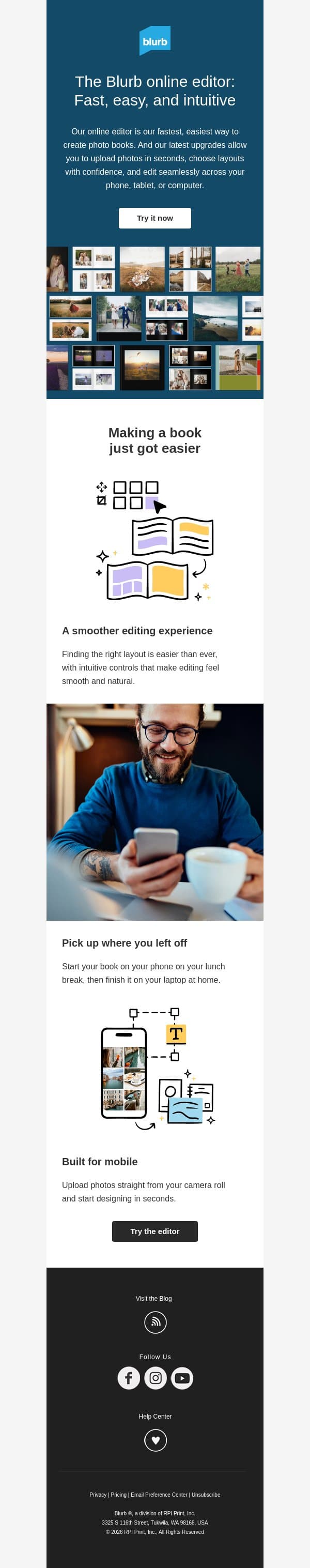 The Blurb online editor just got an upgrade email from Blurb screenshot