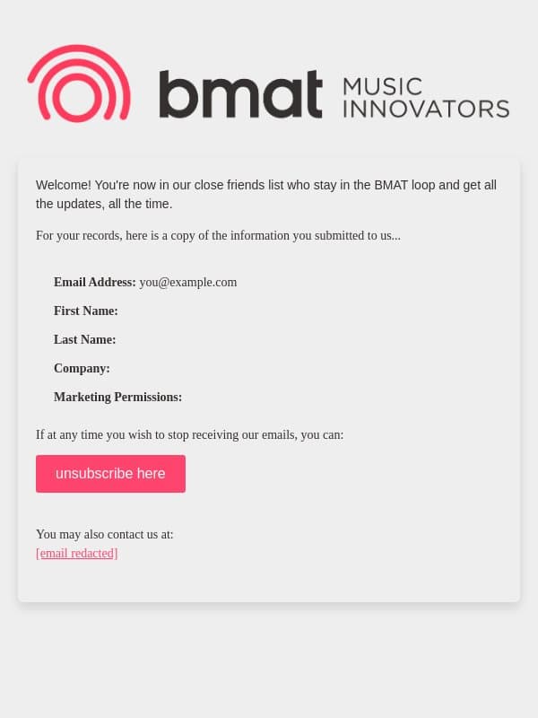 BMAT|Another Feed in the Wall: Subscription Confirmed email from BMAT screenshot