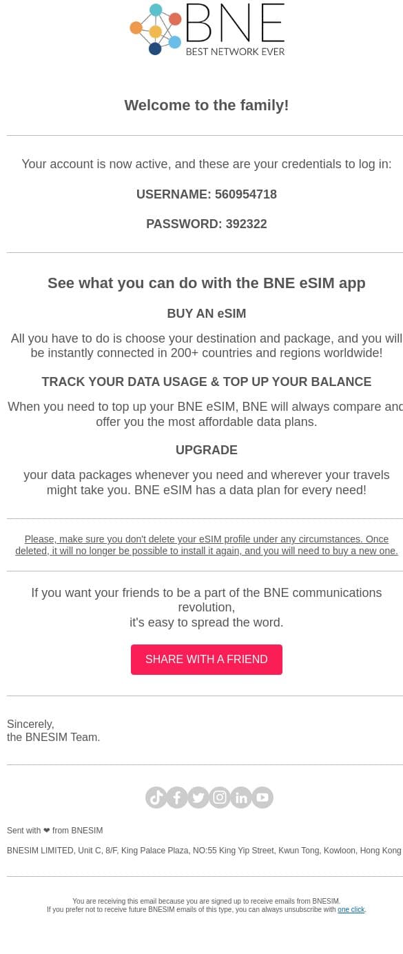 Your account details email from BNESIM screenshot
