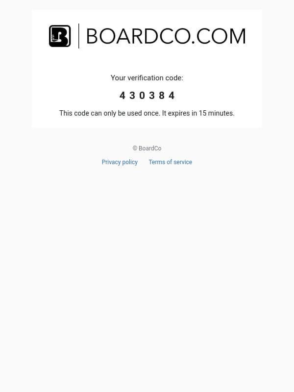430384 is your code email from BoardCo screenshot