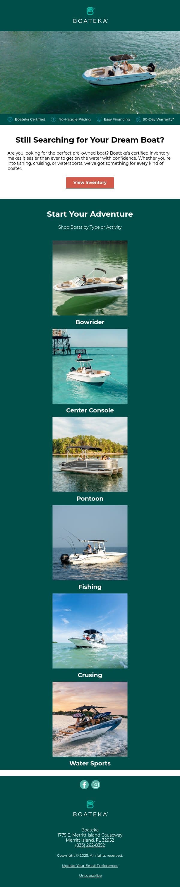 Fishing? Cruising? Watersports? We’ve Got You Covered email from Boateka screenshot