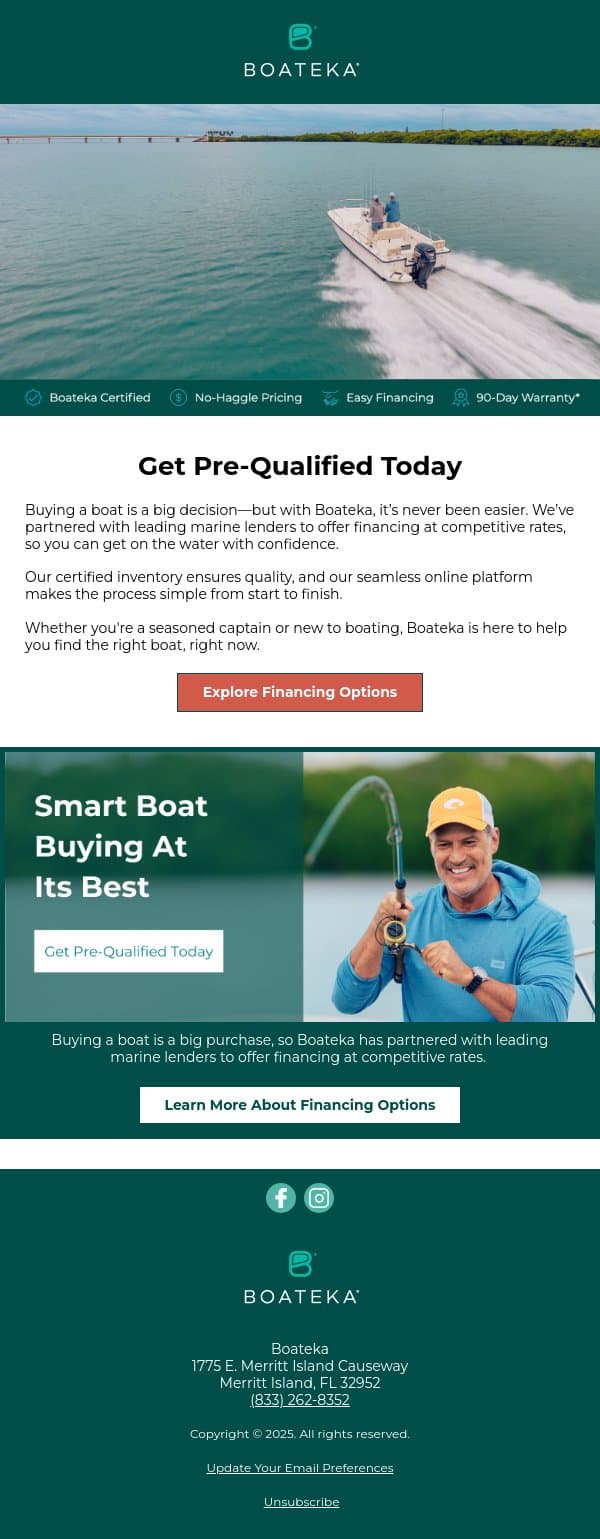 Get Prequalified for Boat Financing Today email from Boateka screenshot