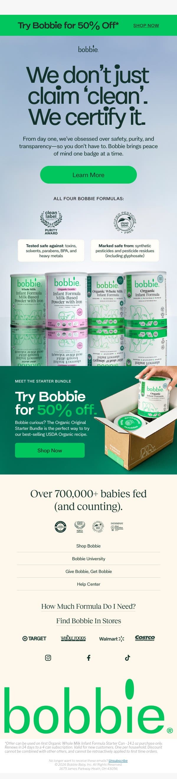 4 formulas. 4 Clean Label Purity Awards 🏆 email from Bobbie screenshot