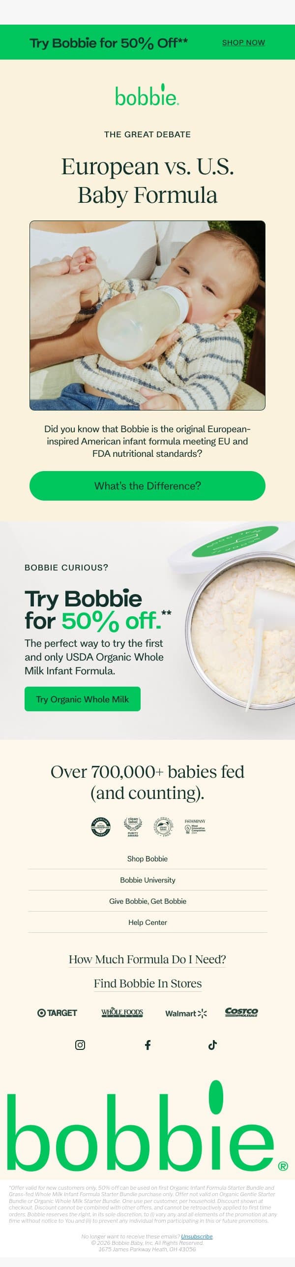European vs. U.S. baby formula 🇪🇺 🇺🇸 email from Bobbie screenshot