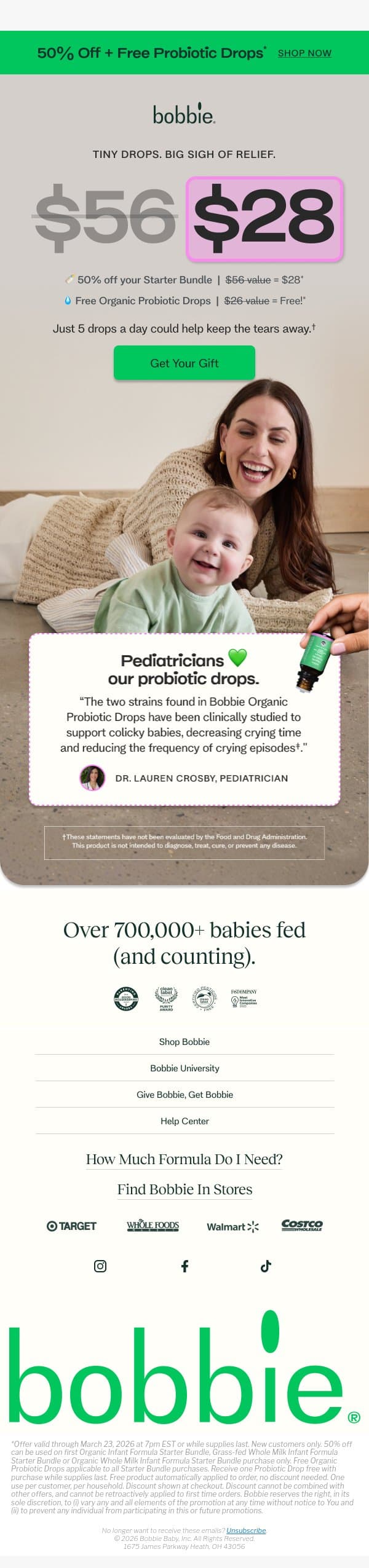 Pediatricians 💚 our probiotic drops. email from Bobbie screenshot