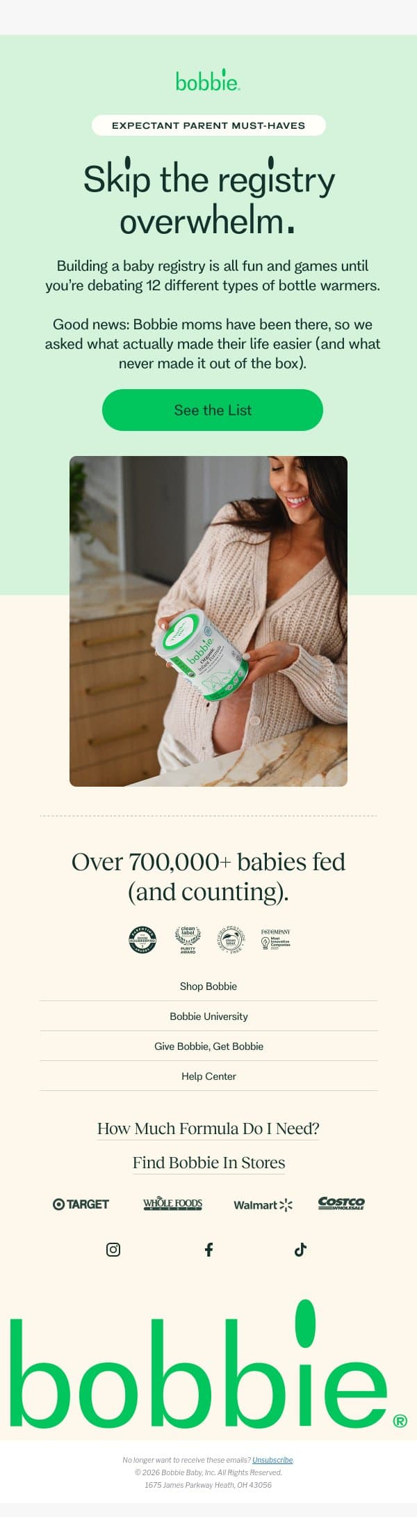 “What do I actually need on my baby registry?” email from Bobbie screenshot