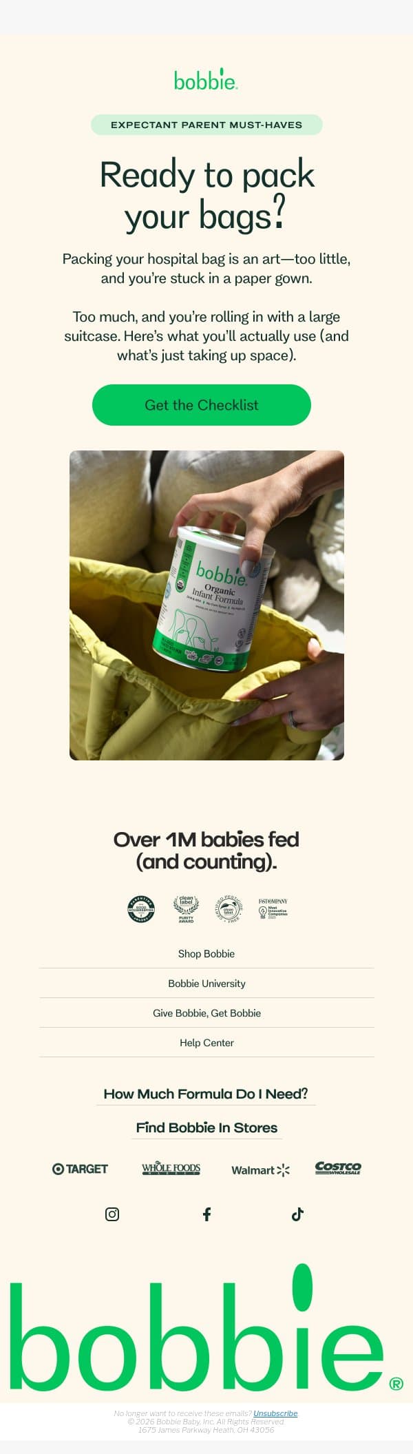 Consider your hospital bag, packed email from Bobbie screenshot
