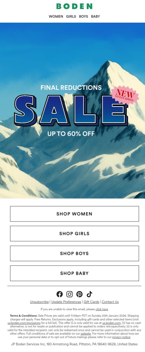Hurry, last chance, final reductions email from Boden screenshot