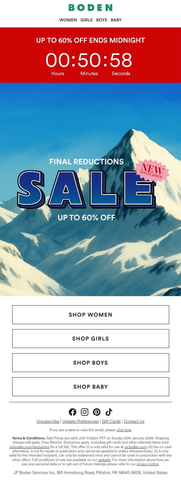 Up to 60% off sale ENDS MIDNIGHT email from Boden screenshot