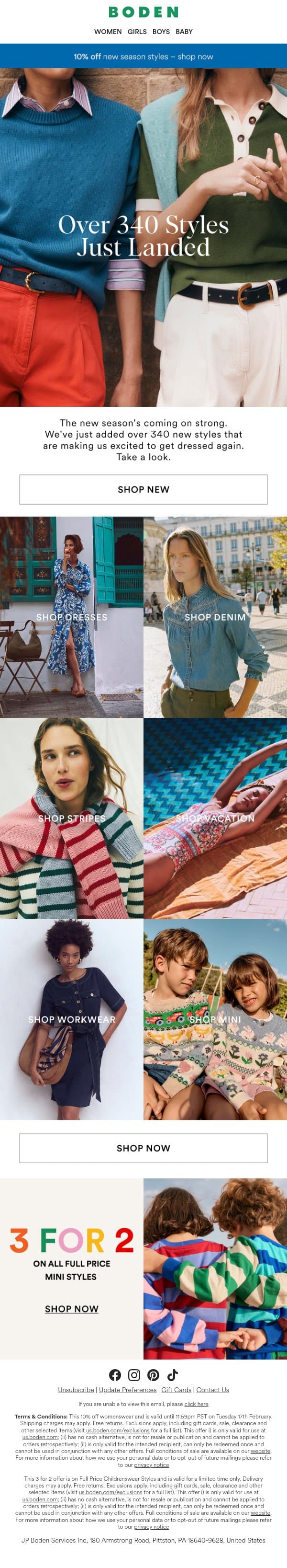 340+ styles just landed email from Boden screenshot