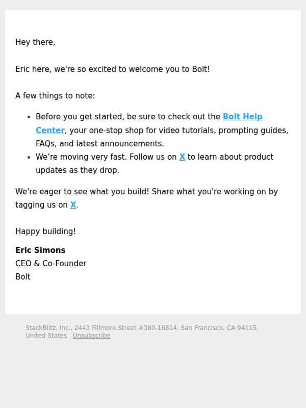 You're in! Let's Bolt(.new) into action 🚀 email from Bolt screenshot