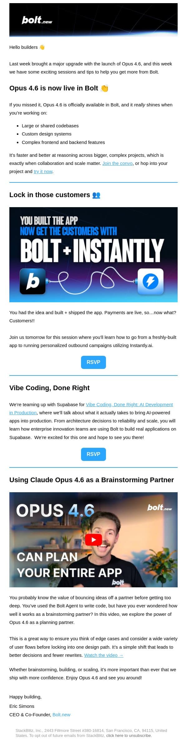 Ship smarter with Opus 4.6 email from Bolt screenshot