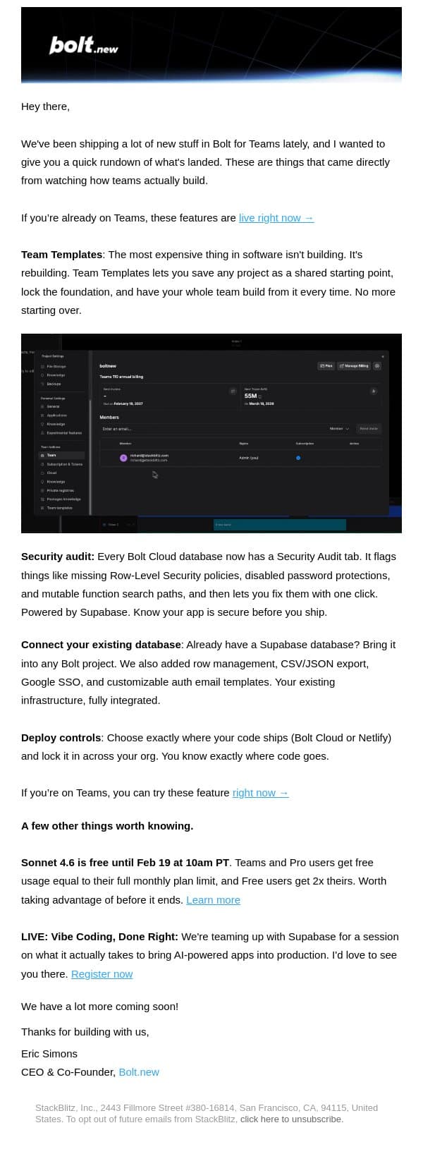 Bolt for Teams just leveled up email from Bolt screenshot