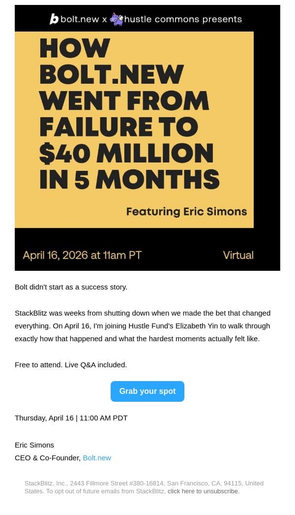 The bet that changed everything - Live with Hustle Fund: April 16 email from Bolt screenshot