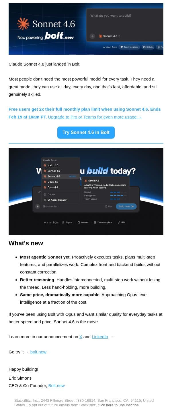 Claude Sonnet 4.6 just landed in Bolt email from Bolt screenshot