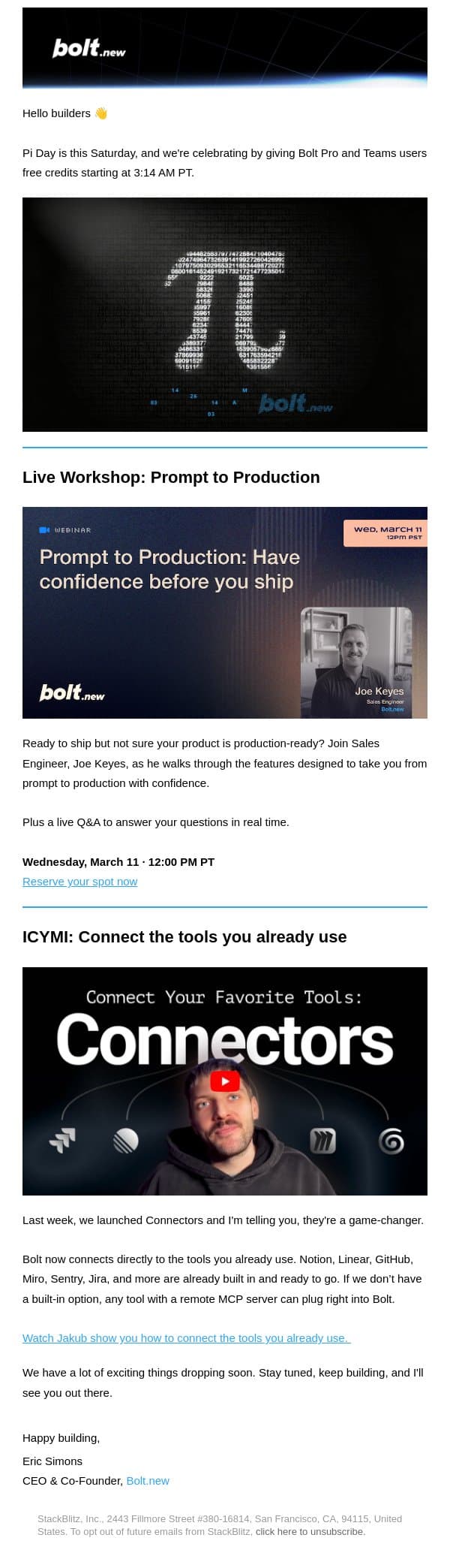 Free tokens for Pro & Teams users on Pi Day email from Bolt screenshot