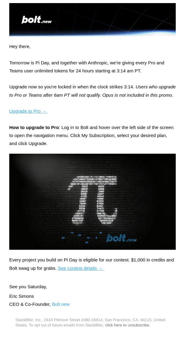 Upgrade to Pro, get a day of free credits email from Bolt screenshot