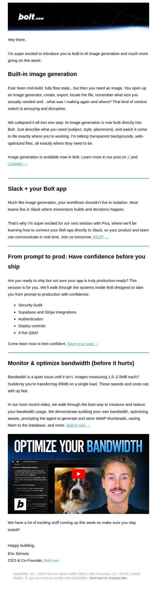 AI image generation is now built-in. email from Bolt screenshot