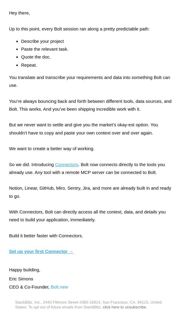 Your company's context, now in Bolt email from Bolt screenshot