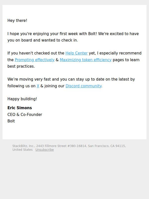 How is your first week with Bolt.new? email from Bolt screenshot