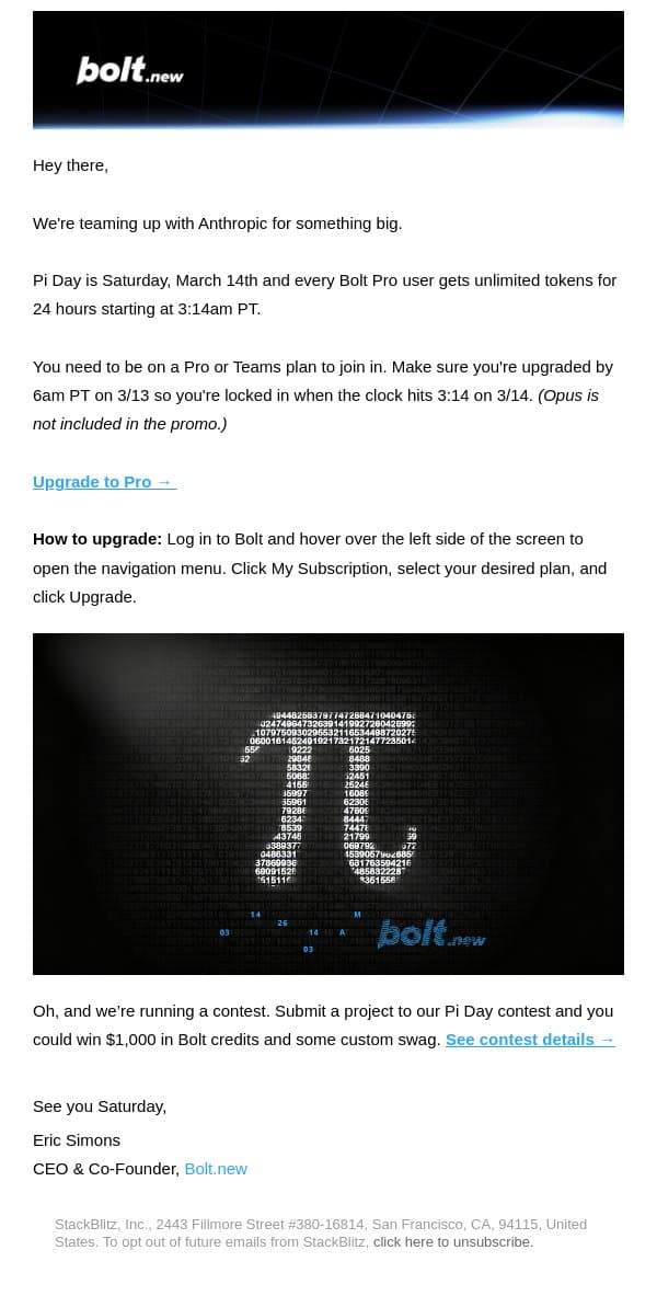 Upgrade to Pro - get 24 hours of free tokens email from Bolt screenshot