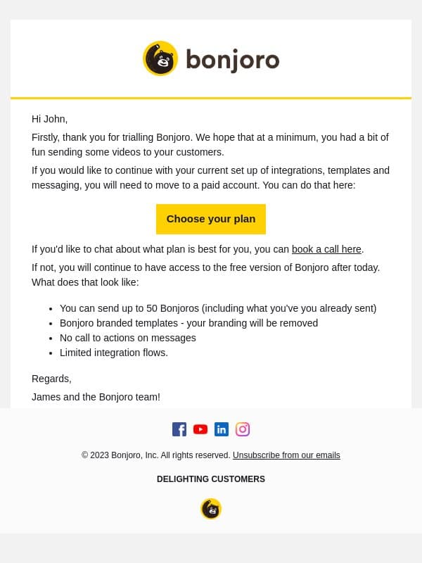 End of Trial - It's not goodbye to Bonjoro, just to some core features... email from Bonjoro screenshot