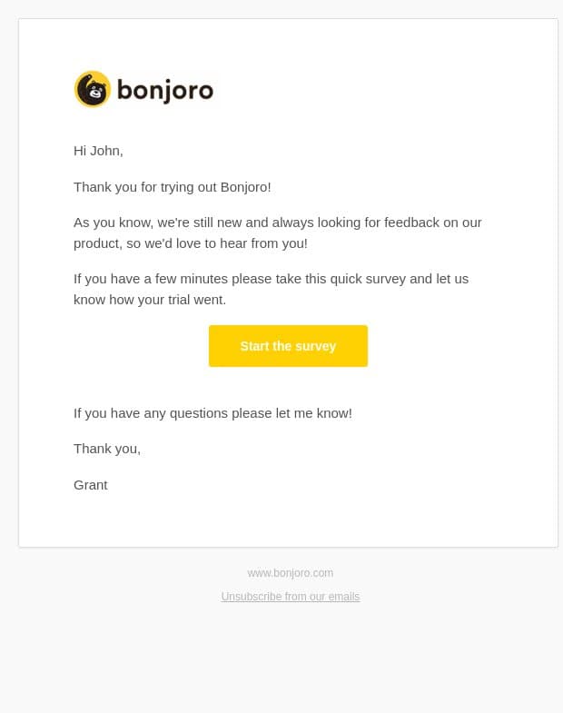 Have you enjoyed Bonjoro so far? email from Bonjoro screenshot