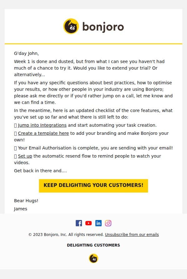 (Day 7/14) First week down, one more to go email from Bonjoro screenshot