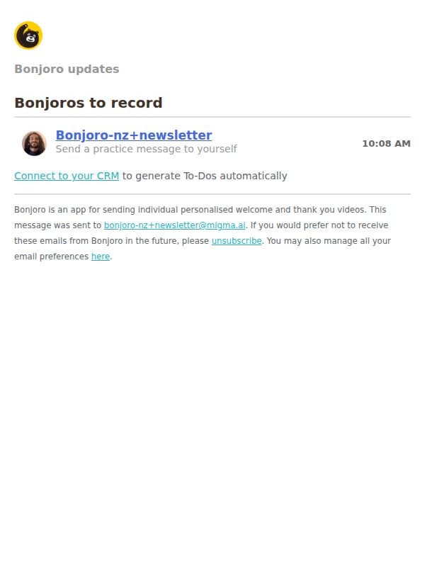New Bonjoros to do email from Bonjoro screenshot