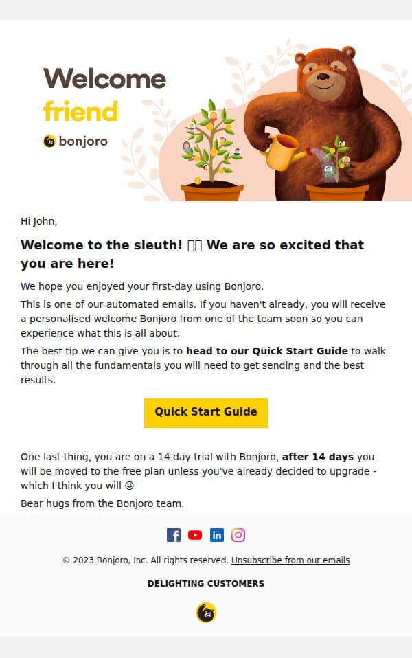 Welcome! Let's get you set-up email from Bonjoro screenshot