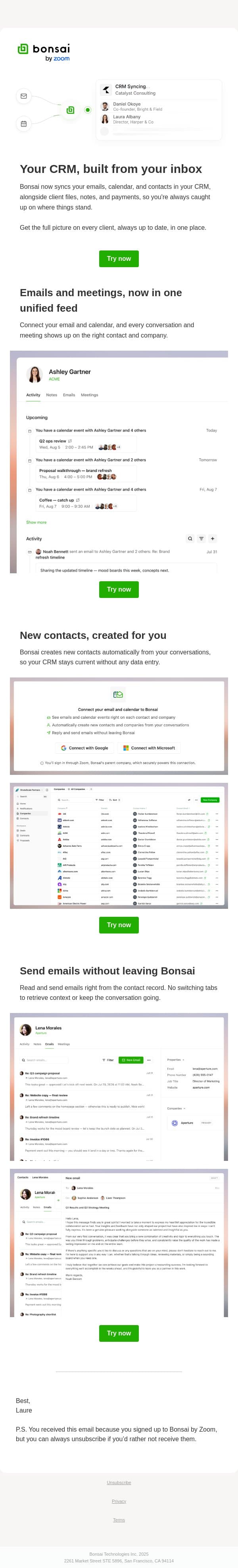 New in Bonsai: Sync your Email and Calendar email from Bonsai screenshot
