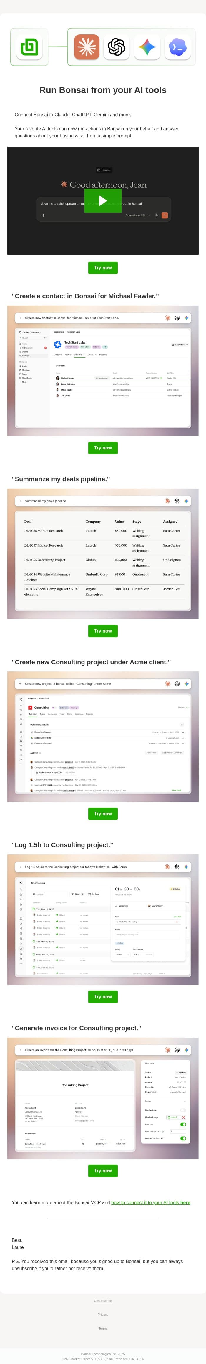 Bonsai MCP is live email from Bonsai screenshot