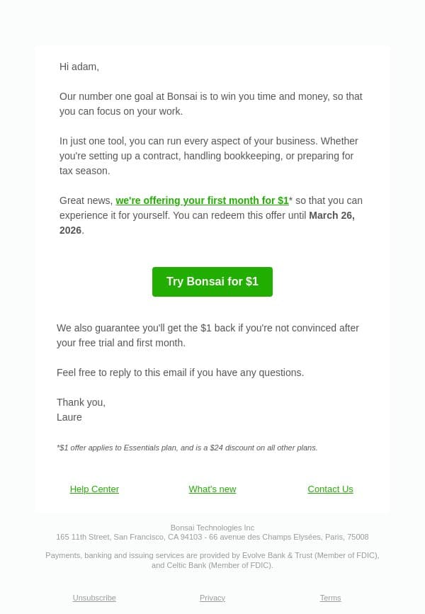 Your first month for just $1 email from Bonsai screenshot