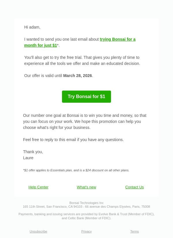 Last chance to try Bonsai for $1 email from Bonsai screenshot