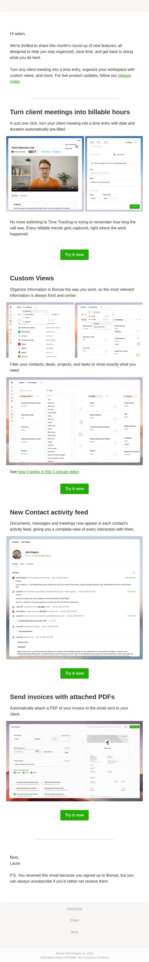 New in Bonsai: Turn meetings into time entries, custom views and more email from Bonsai screenshot