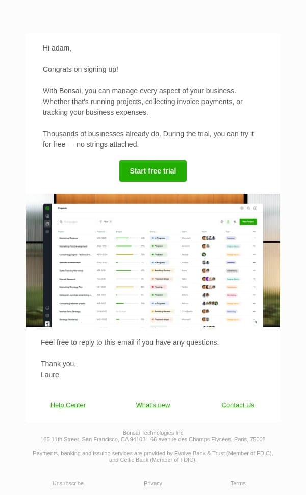 Try the full experience for free email from Bonsai screenshot