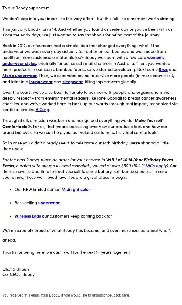 A note from our CEOs: A birthday surprise! email from Boody screenshot