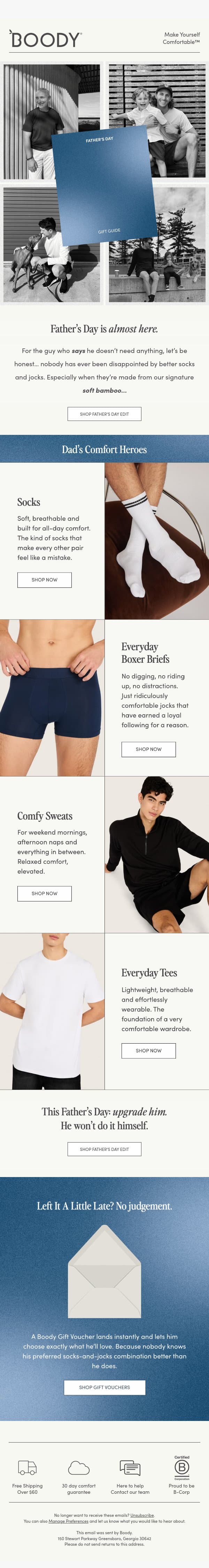 "These are the only thing he wants to wear" email from Boody screenshot
