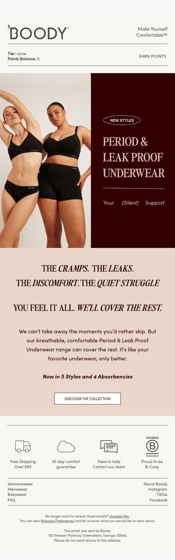 Leakproof, Breathable, Worry-Free. Meet Your Silent Support email from Boody screenshot