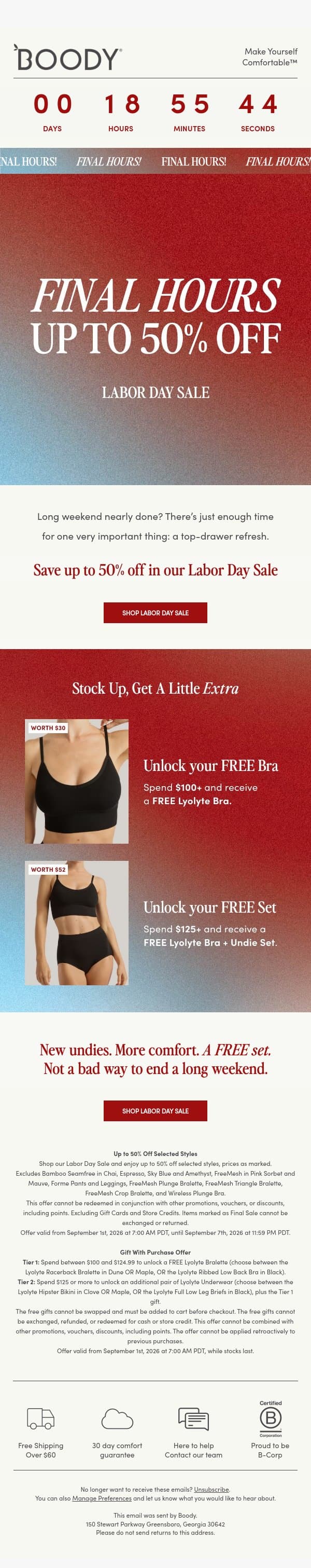 Last Call: Up to 50% Off + FREE Gift email from Boody screenshot